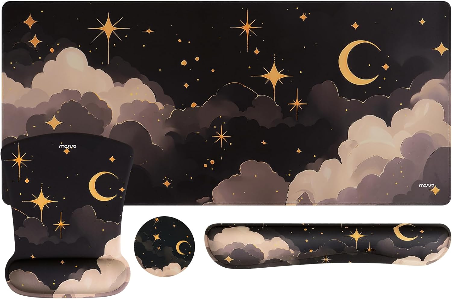 MOSISO Keyboard Mouse Pad Set, Large Gaming Mouse Pad&Keyboard Wrist Rest&Mouse Wrist Rest&Coaster, Ergonomic Non-Slip Dreamy Star Moon Mousepad with Raised Memory Foam for Home Office