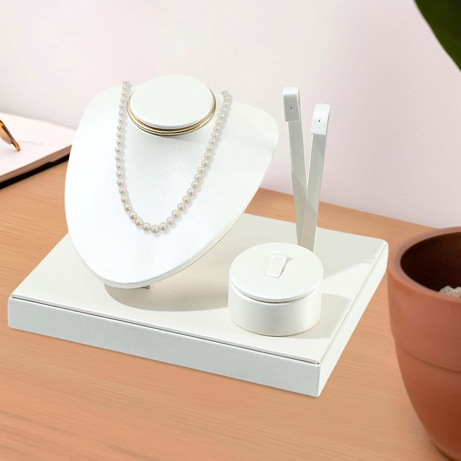 Jewelry Display Set Necklace Display Stand Stylish Elegant with Tray Holder Organizer for Birthday Woman Gift Collection, White