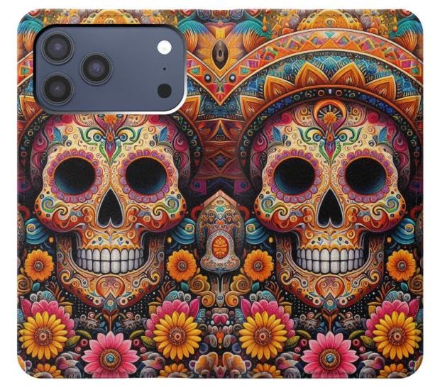 Étui iPhone 17 Pro Max flip housse cuir mexicain skull antichoc