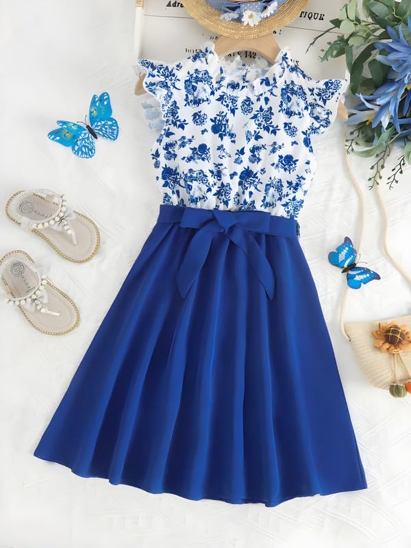 Image of Niren Enterprise Girl's Floral Pattern Rayon Frock Dress with Cap Sleeve Round Neck Knee Length and A-Line Pull On Closure Type