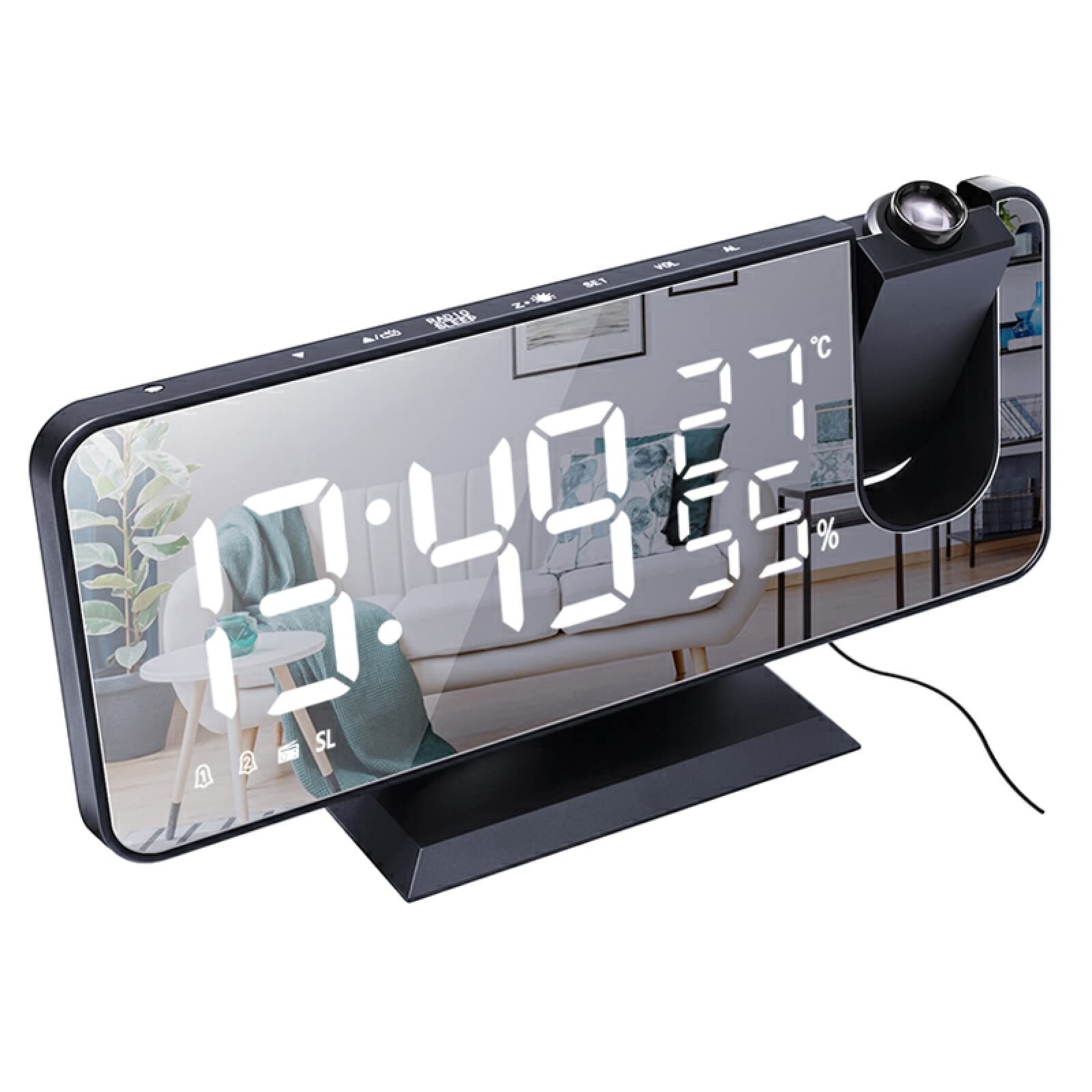 Función De Repetición De Proyección De 180 °, Reloj Despertador Inteligente, Radio FM, Alarma Digital LED, Reloj Electrónico De Escritorio, Reloj Despertador USB,Negro