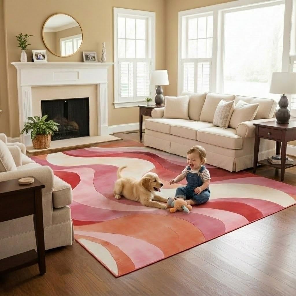 5x7 Area Rugs for Living Room，Modern Abstract Pink and Terracotta Watercolor Design Rug，Non-Slip Washable， Bedroom, Dining Room, Home Office