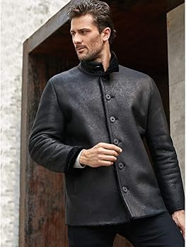 Amazon | 薄いムートンジャケットメンズブラックレザージャケット冬中