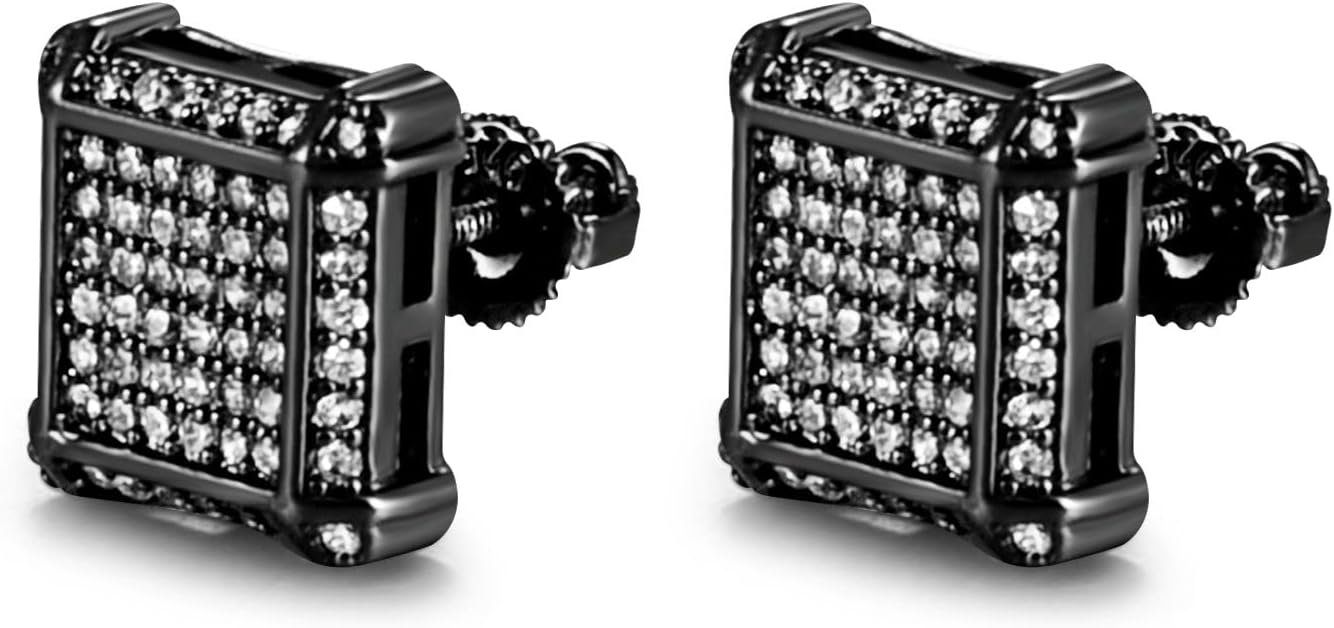 18K Gold Plated 925 Sterling Silver Iced Out Cubic Zirconia Screw Back Square Stud Earring For Men and Women Hypoallergenic Earring TwoTone Micropave Hip Hop Jewelry-Black