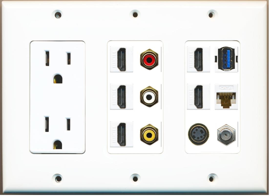RiteAV - (3 gang) 15A Outlet 5 HDMI Coax Cat6 Composite Video S-Video USB 3.0 płyta ścienna