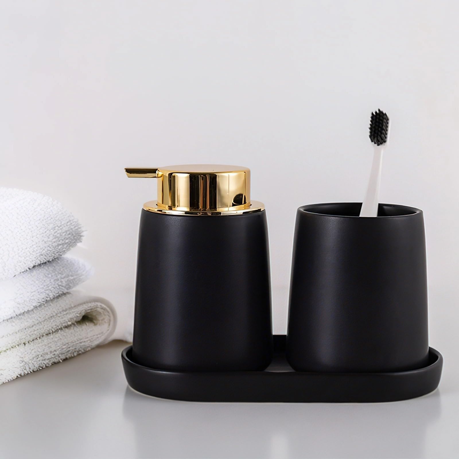 Schaumseifenspender aus Keramik, schwarz mit goldener Pumpe, 360 ml für stilvolle Badezimmer-Dekoration, 2 Stück