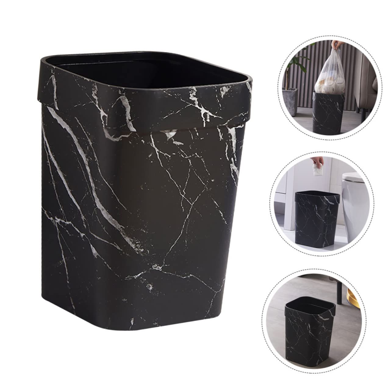 OUNONA Marble Square Small Trash Can Lidless Wastebasket for Bathroom and Office Garbage Container for Towels and Household Trash Stylish Black Marbling Design