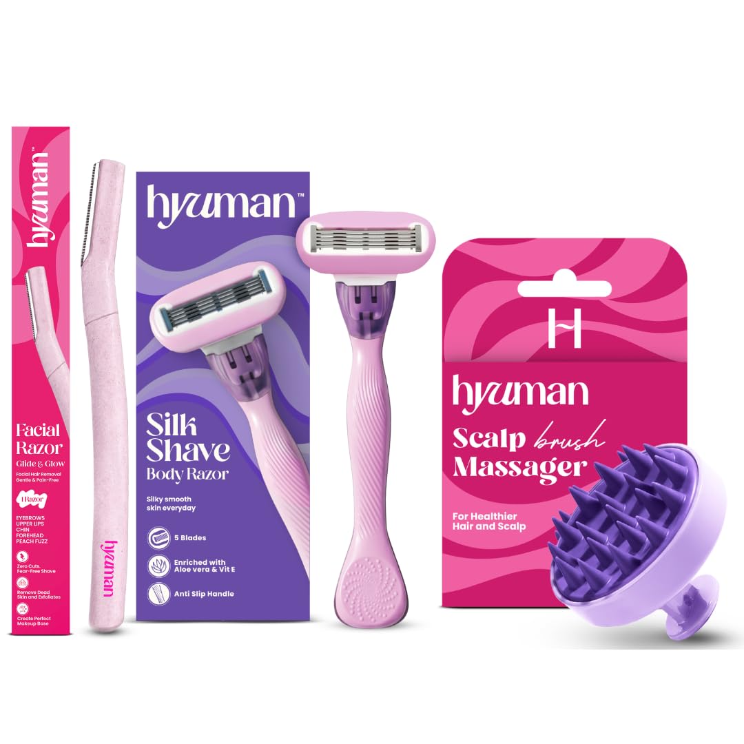 Hyuman Face Razor + Silkshave Razor + Scalp Massager Combo for Women | Hair Removal & Relaxing Scalp Care Kit (Set of 3)-picture-12