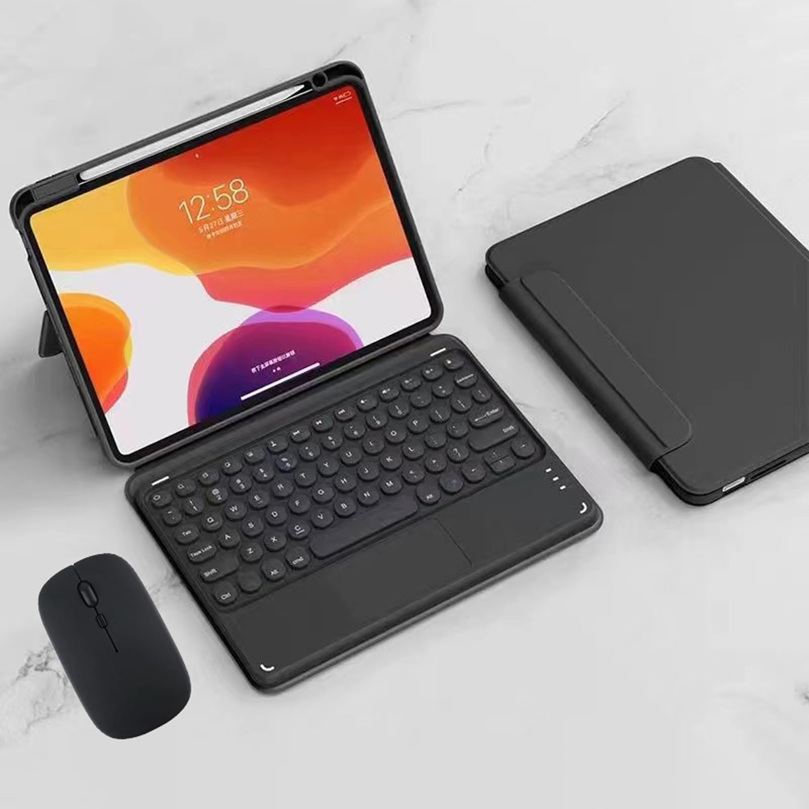 Funda de Teclado para iPad Pro 12,9 Pulgadas 6ª 5ª 4ª 3ª Generación con Soporte para Lápices, Español Ñ Teclado Multitáctil con Cubierta Trasera Transparente Rotación de 360° y Ratón, Negro