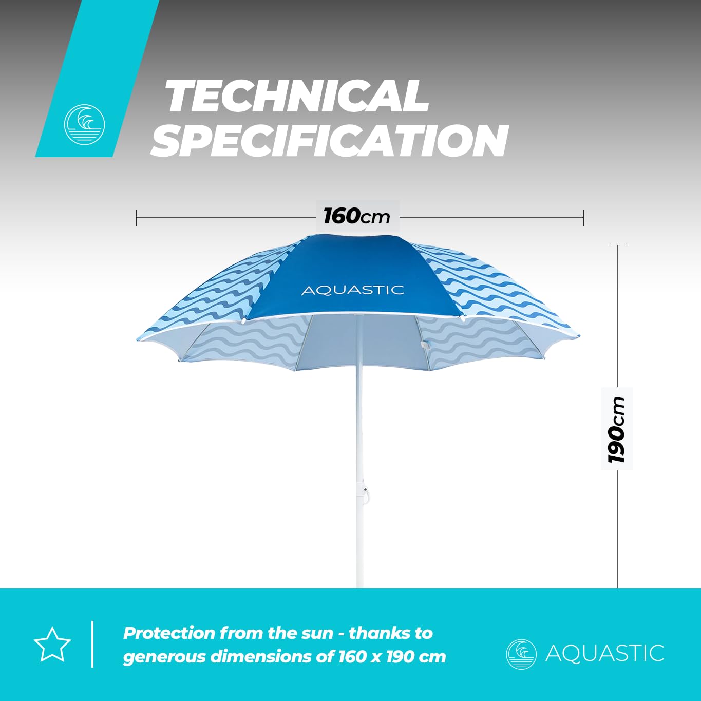 AQUASTIC OMBRELO Niebieski parasol plażowy, wiatroszczelny, stabilny parasol na plażę i do ogrodu, trwałe materiały, łatwy do złożenia i transportu, kompaktowy, 160 x 190 cm