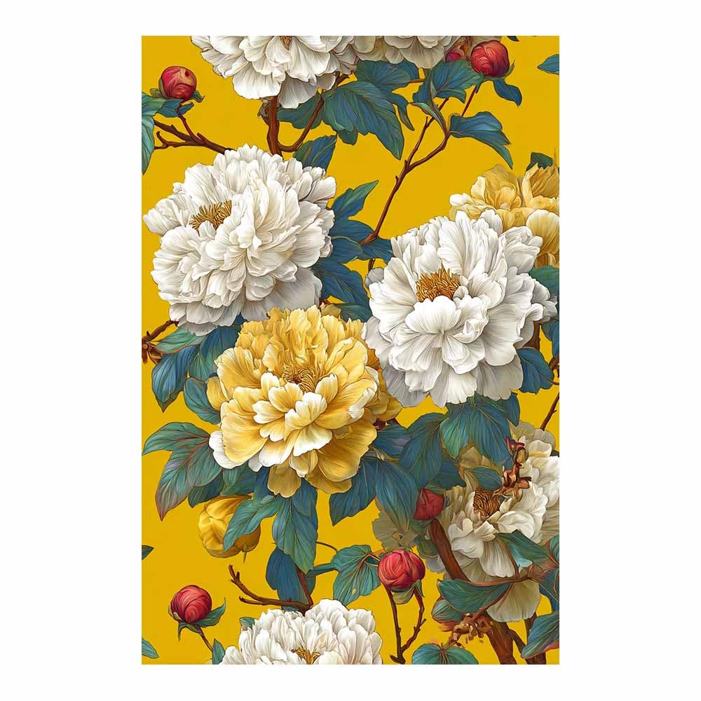 Hoqiu Multicolor Botanical Prints Yellow Background Peony Art Artwork, Wall Decoration Living Room Bedroom Hallway Stairs Decoration.(Multicolor)-30X40cm Unframed
