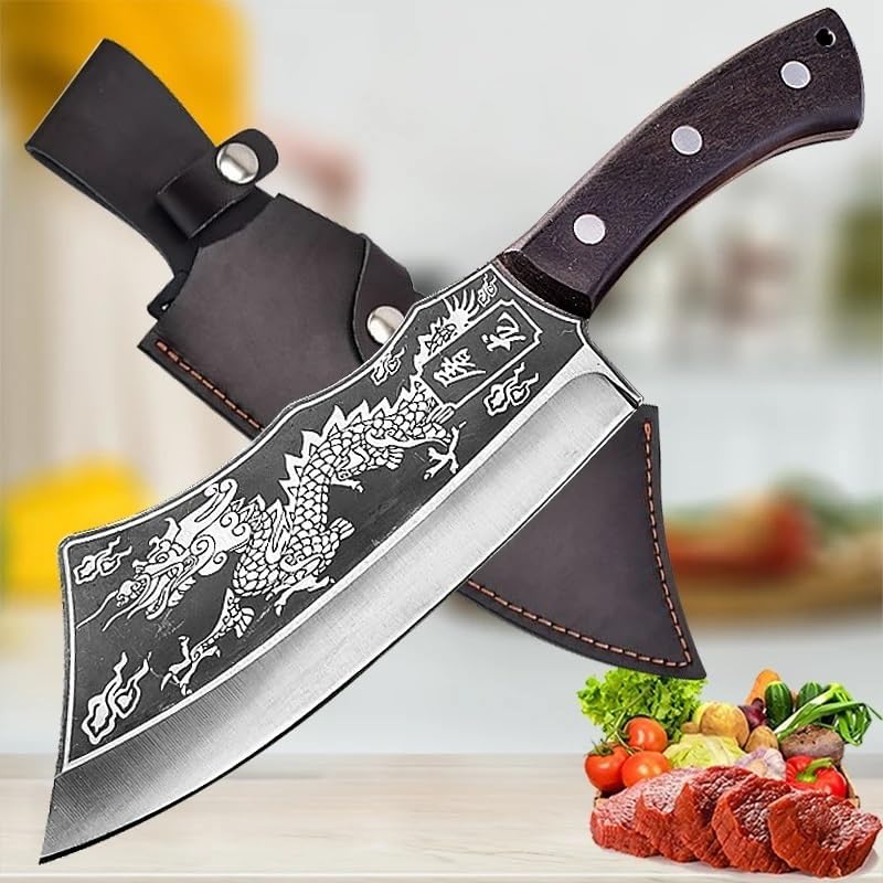 Meat Cleaver,Cleaver Knife 8 Inch Forged Kitchen Chef Knife High Carbon Steel Meat Vegetable Slicing Knife Professional Butcher Chop Bone Cleaver Knife With Cover