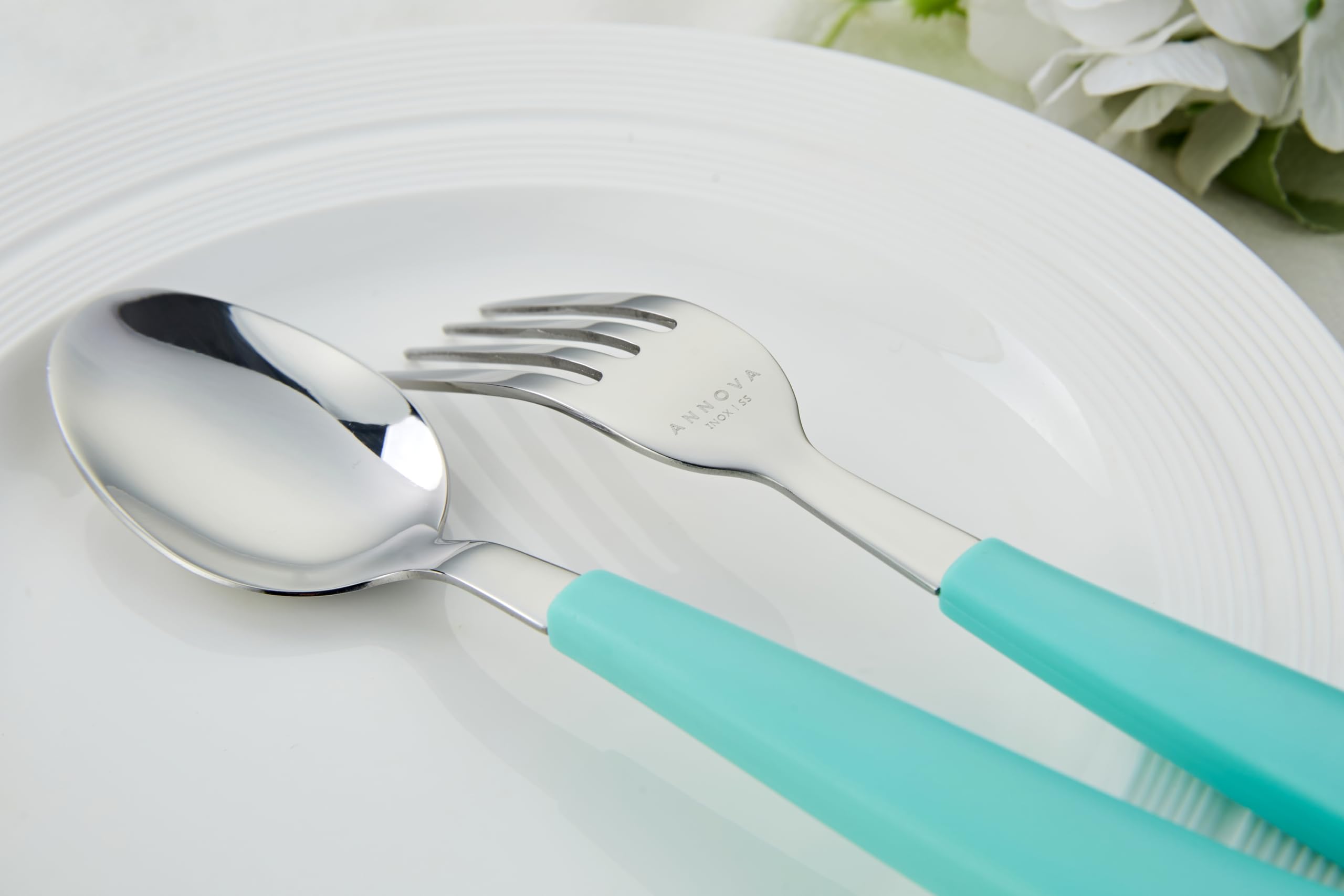 ANNOVA Set di posate, set di posate con manico colorato in acciaio inossidabile, include coltelli da tavola, forchette, cucchiai, forchette da insalata e cucchiai da dessert(20 Pieces, Turquoise)