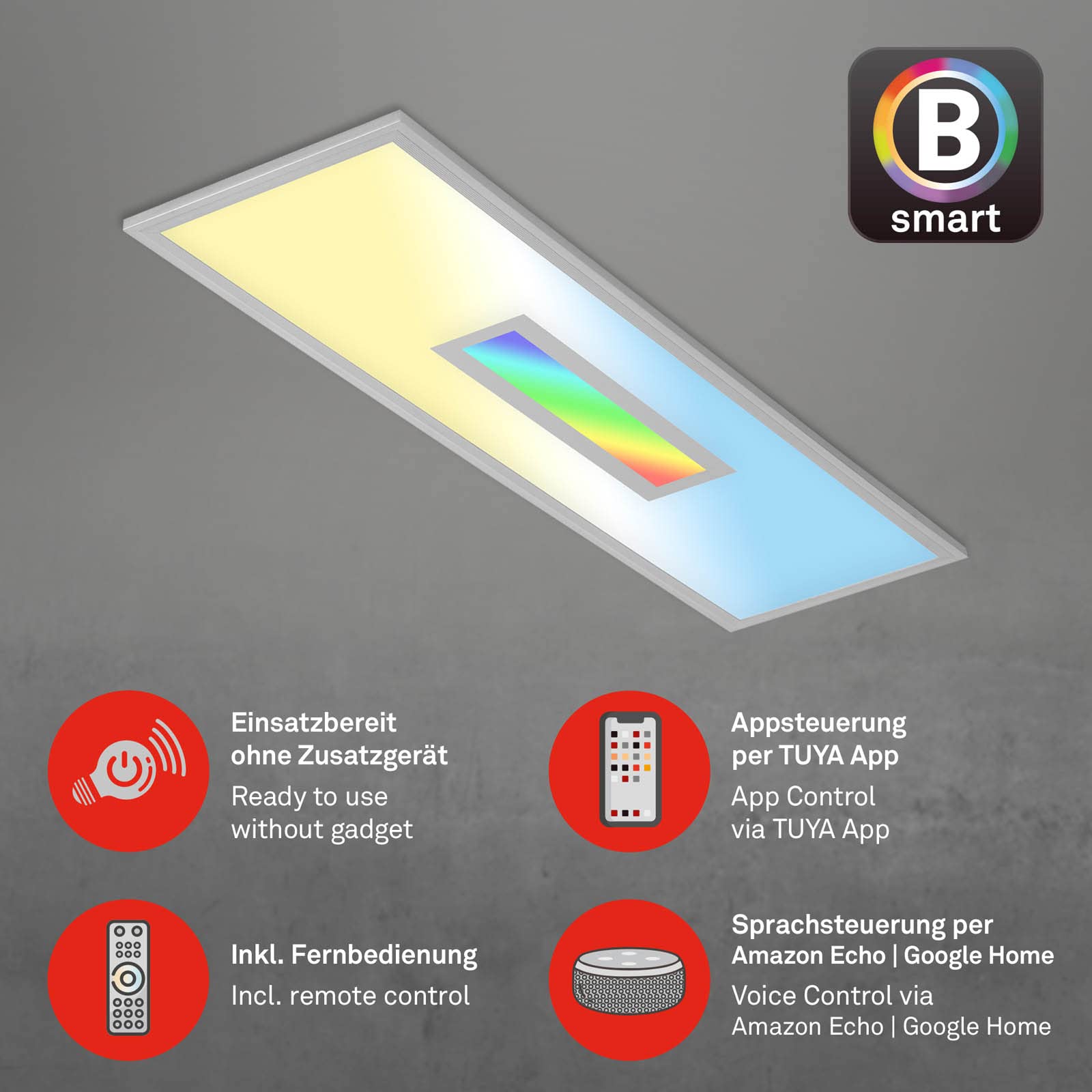 BRILONER - LED Deckenlampe flach Smart Home, funktioniert mit Alexa, buntes RGB+W Licht, Lampe, Deckenleuchte, Wohnzimmerlampe, LED Panel, Schlafzimmerlampe, 100x25x6 cm, Silberfarbig
