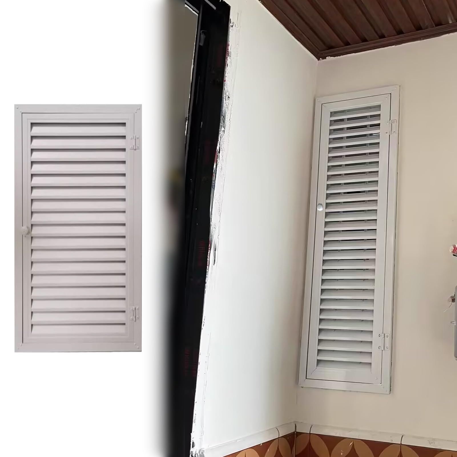 Puerta de acceso con rejilla blanca de ventilación para cableado de cocina