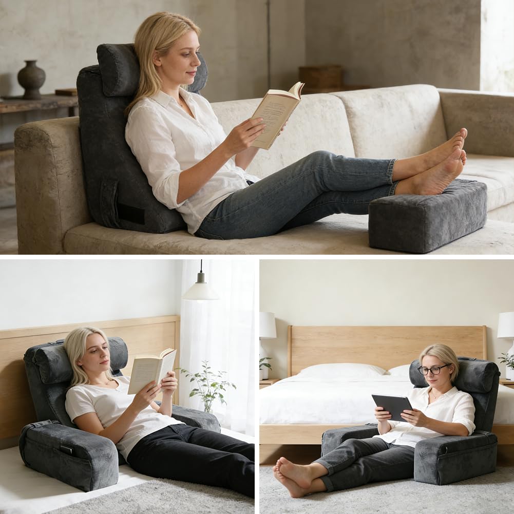Grand coussin de lecture pour lit et canapé, avec main courante, mousse haute densité, coussin de livre avec traversin et accoudoirs amovibles, coussin de dossier, pour lire, travailler, regarder la