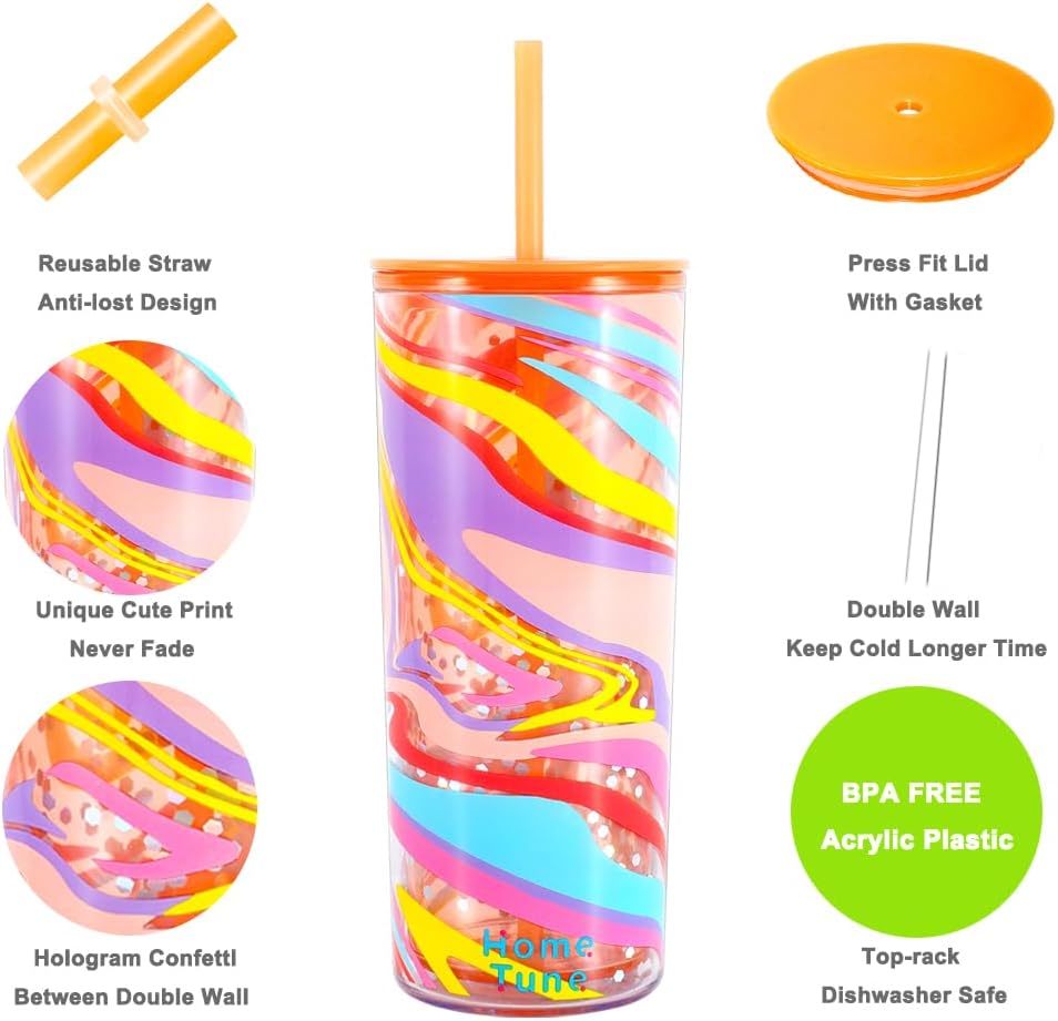 Home Tune Cute Tumbler Cups with Lid and Straw, Double Wall Insulated Acrylic Cup, 21 oz / 620ml - lines - Image 4