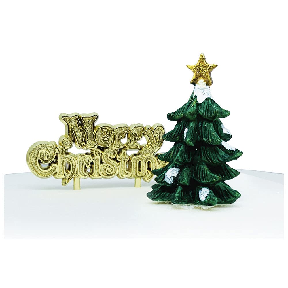 Anniversary House 2pcs Christmas Cake Toppers Set - Classic Resin Tree Toppers & Gold Merry Christmas Motto - Traditional Non-Edible Yule Log Decorations - Festive Cake and Bakes Decor Set