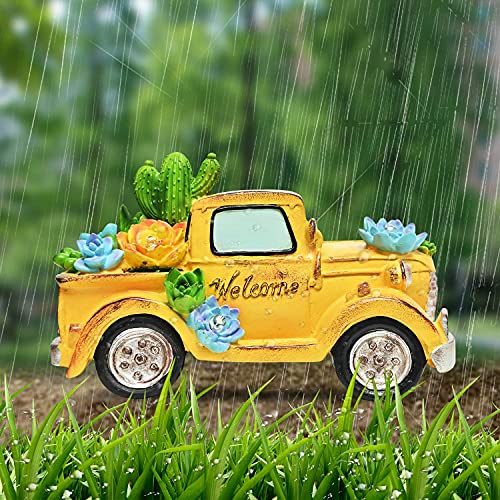 Asawasa Solar Car Garden Statues And Sculptures Outdoor Decor, Garden Figurines With Solar Led Light For Patio,Lawn,Yard Art Decoration, Housewarming Garden Gift,5.3X9.7X5.5 Inch(Yellow) #TOP6