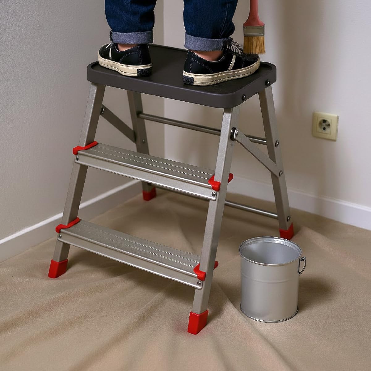 UniversalBlue Taburete Plegable de Aluminio Reforzado, 3 Peldaños, 58x45x45 cm, Estructura Estable para Cocina y Tareas Domésticas, Color Aluminio (3 Peldaños)