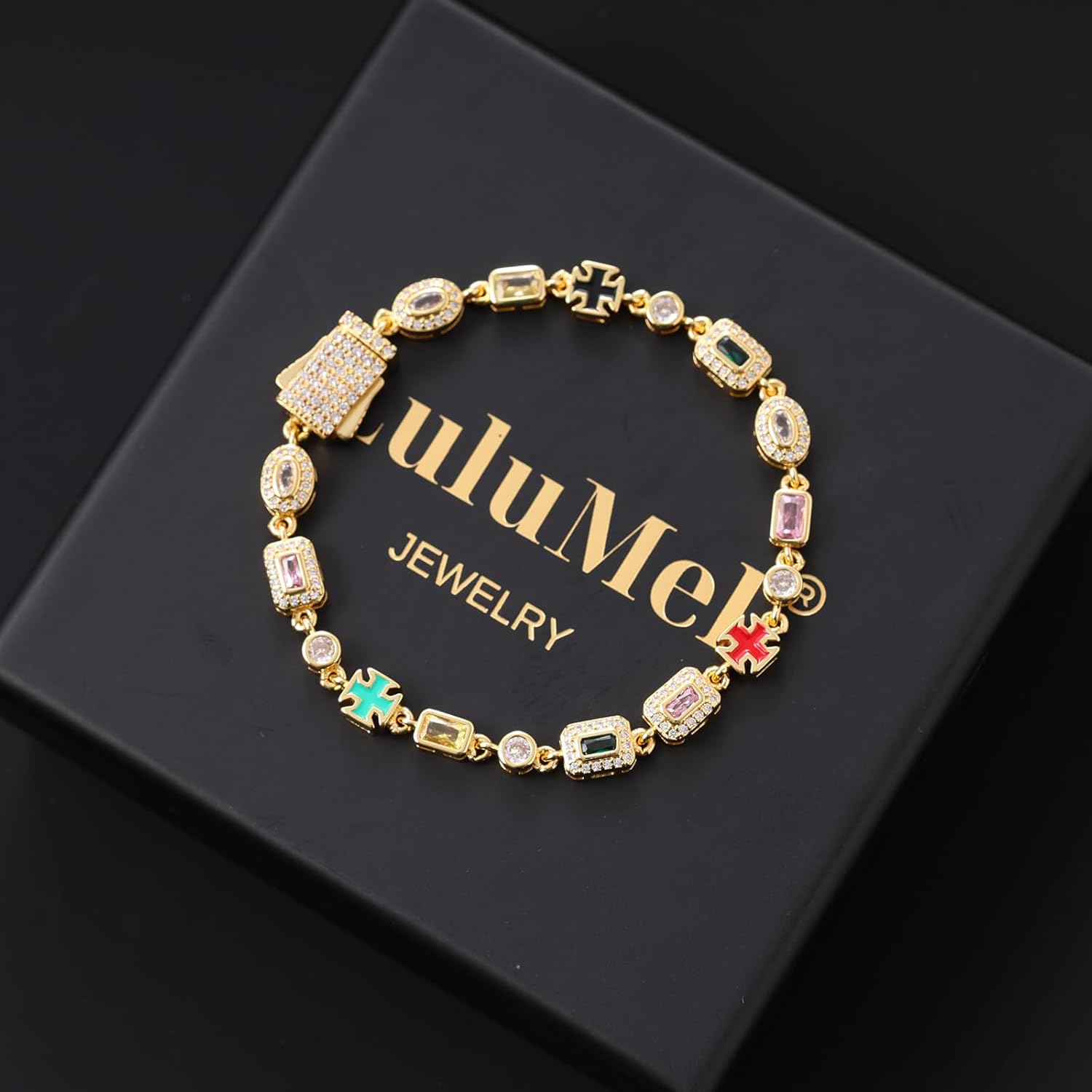 Lulu Mel 6mm Colorful Zirconia Cross Bracelet, Gold Plated Tennis Chain Geometric Gemstone Diamond Bracelet Trendy Charm Jewelry for Women Men - Image 8