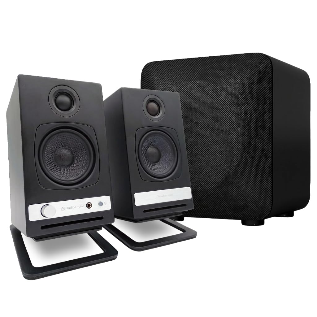 Audioengine A2 Altoparlanti wireless HD con Bluetooth - Altoparlanti per computer alimentati da 60 W per monitor da tavolo e sistema musicale domestico con Bluetooth aptX HD, AUX, USB (nero, coppia)