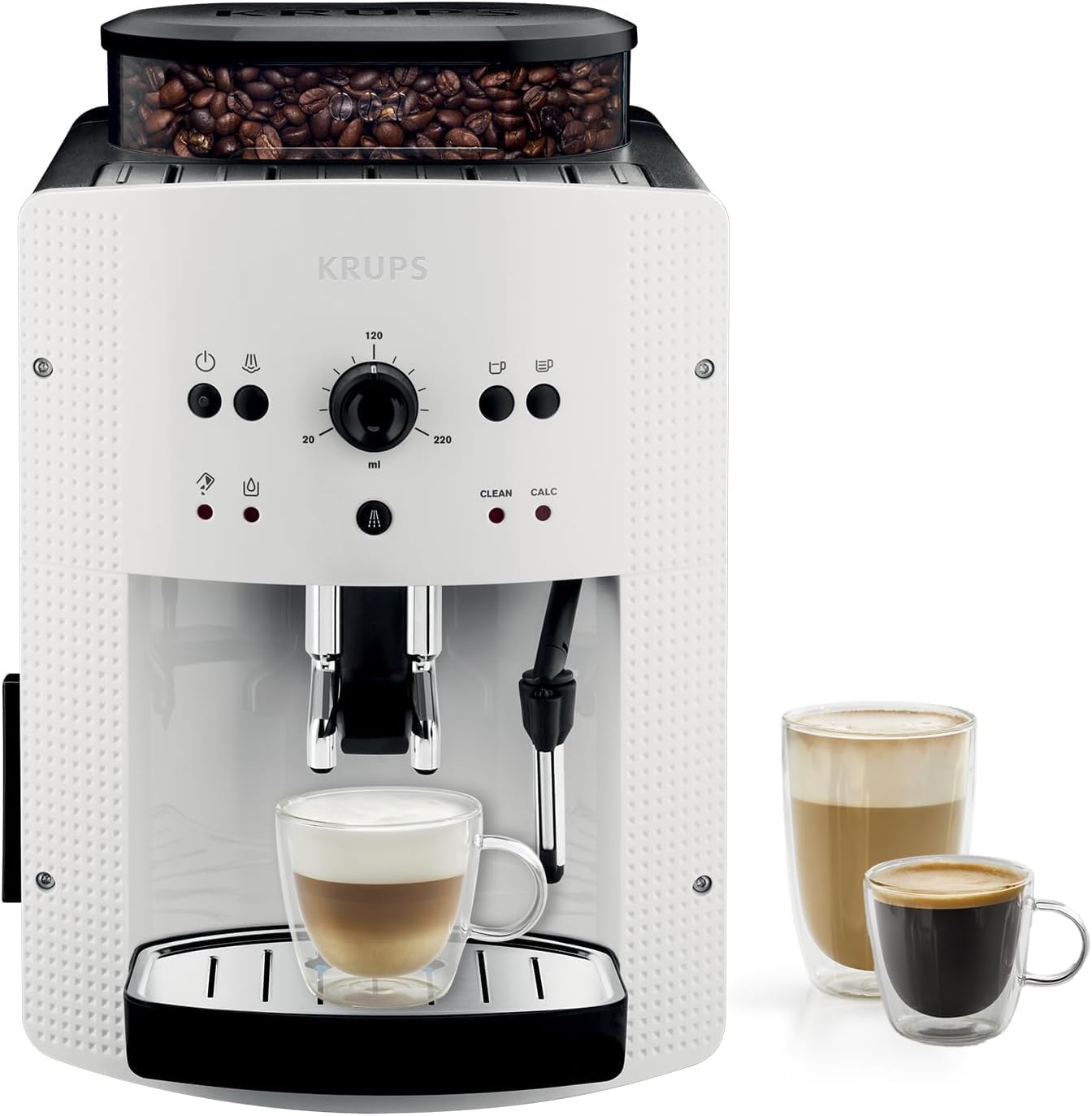 Krups Roma - Cafetera superautomática 15 bares de presión, 3 niveles intensidad café, cantidad ajustable 20 a 220ml, limpieza y descalcificación automático, molinillo integrado EA8105