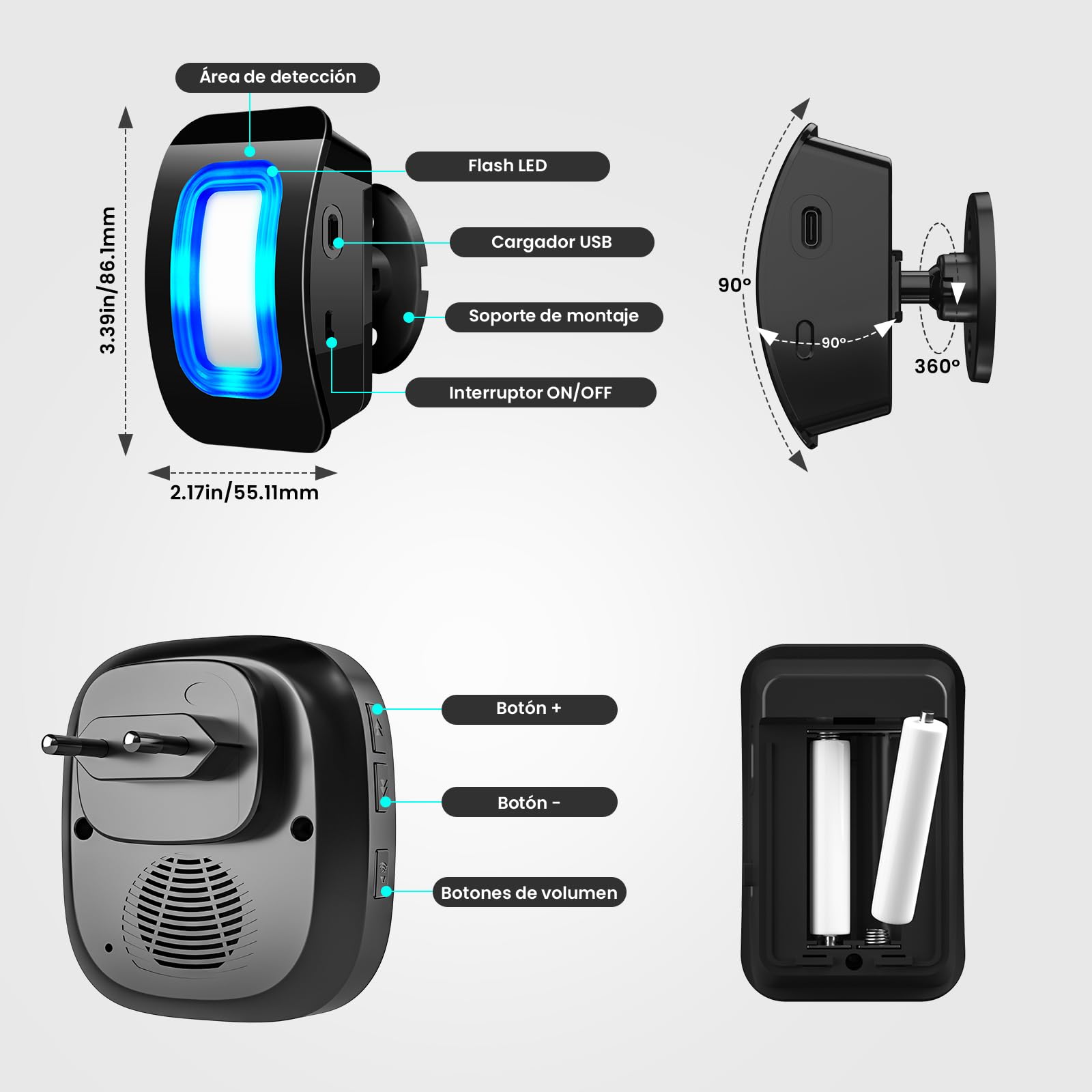 PHYSEN Sensor de Movimiento Inalámbrico con Alarma Sonora, Avisador Puerta Tienda Sensor Movimiento,Timbre Inalámbrico, 58 Tonos + 5 Volúmenes, para Entrada/Hogar/Tienda/Oficina