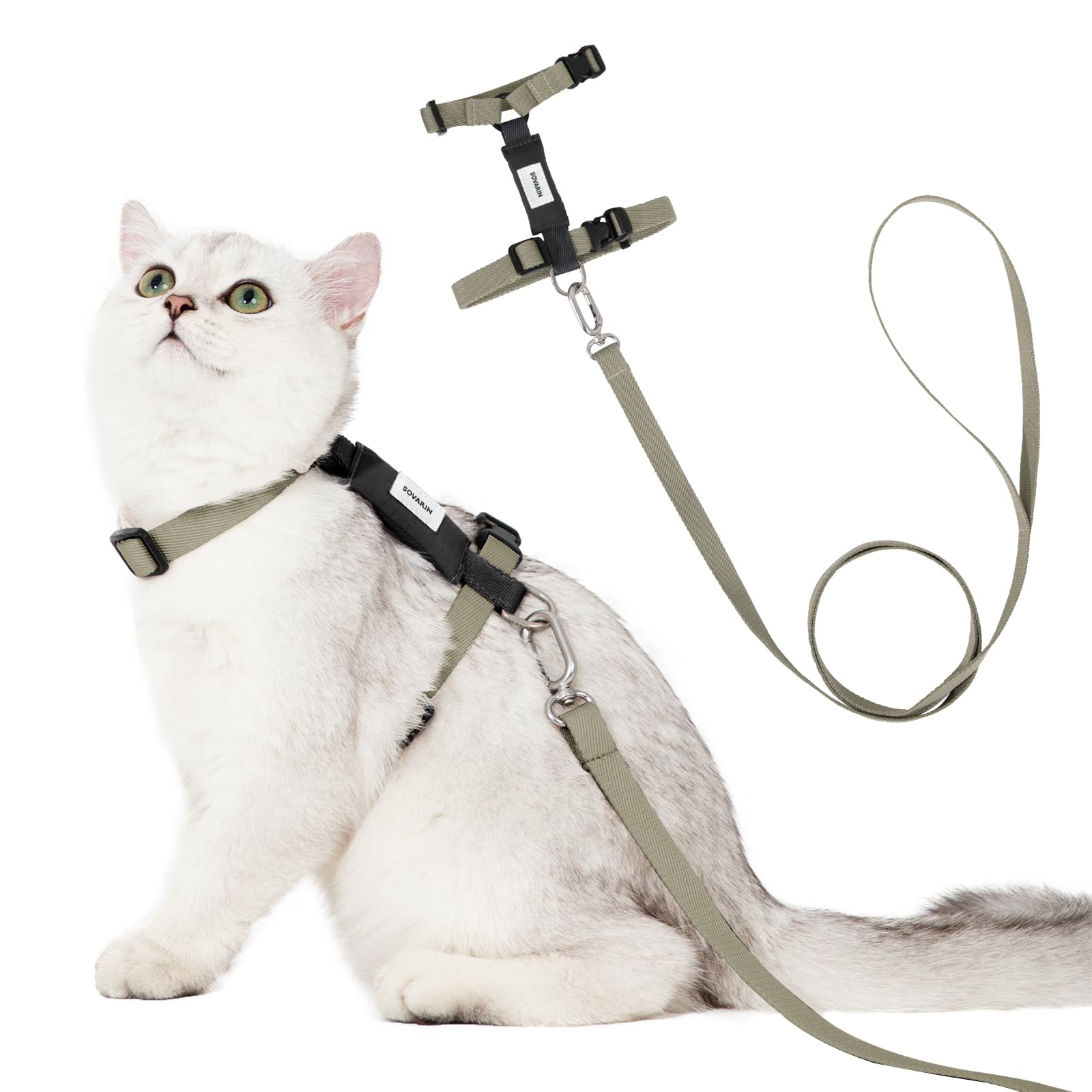 Sovarin Cat Harness and Leash Set - Green Extra Lightweight Soft Kitten Harness Escape Proof, Adjustable Travel Pet Harness for Walking，Easy Control Comfortable Outdoor (Olive Green, One Size)