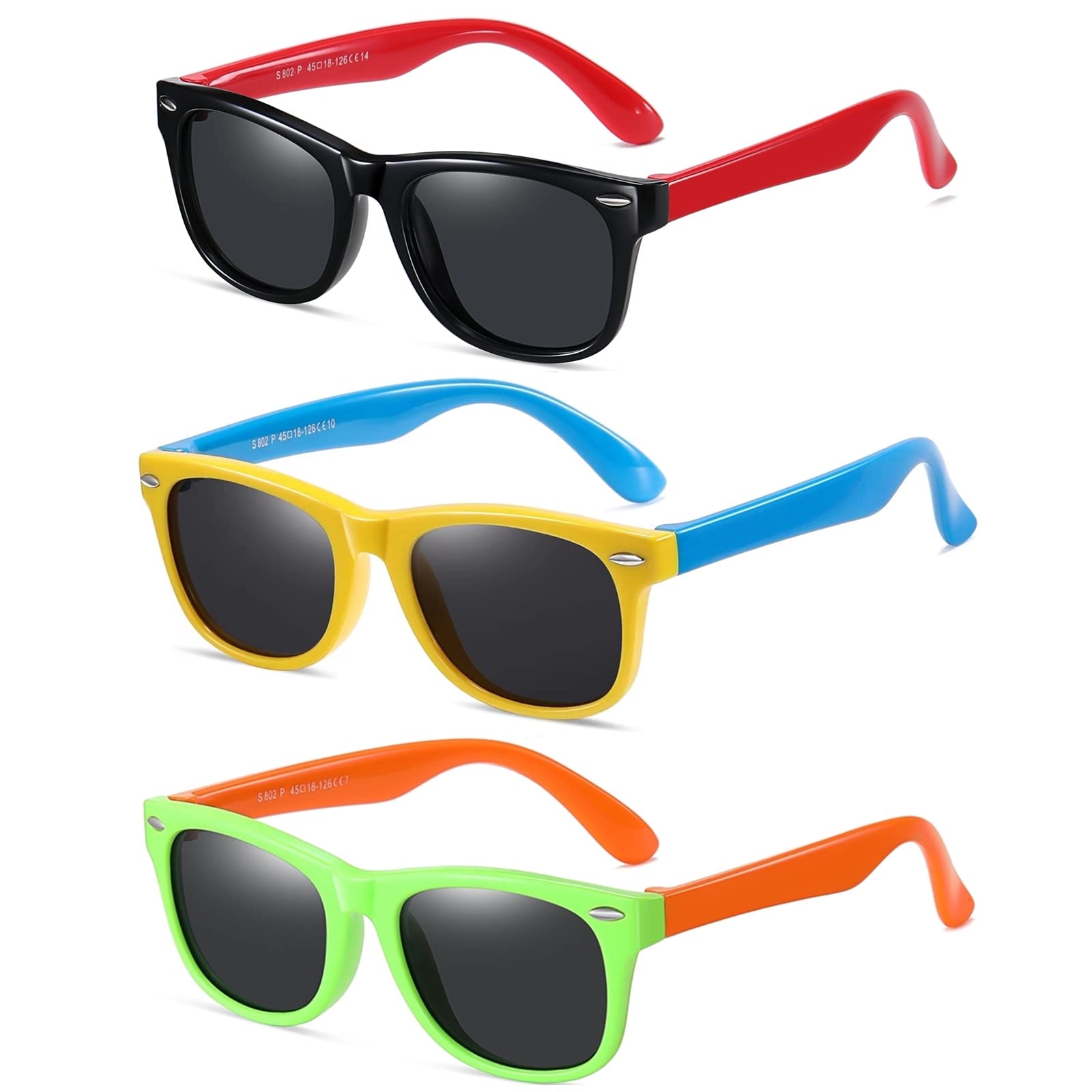 DYLB Kids Polarized Sunglasses for girls boys 3 Pack, Flexible TPEE Rubber Frame for Children Age 3-8.