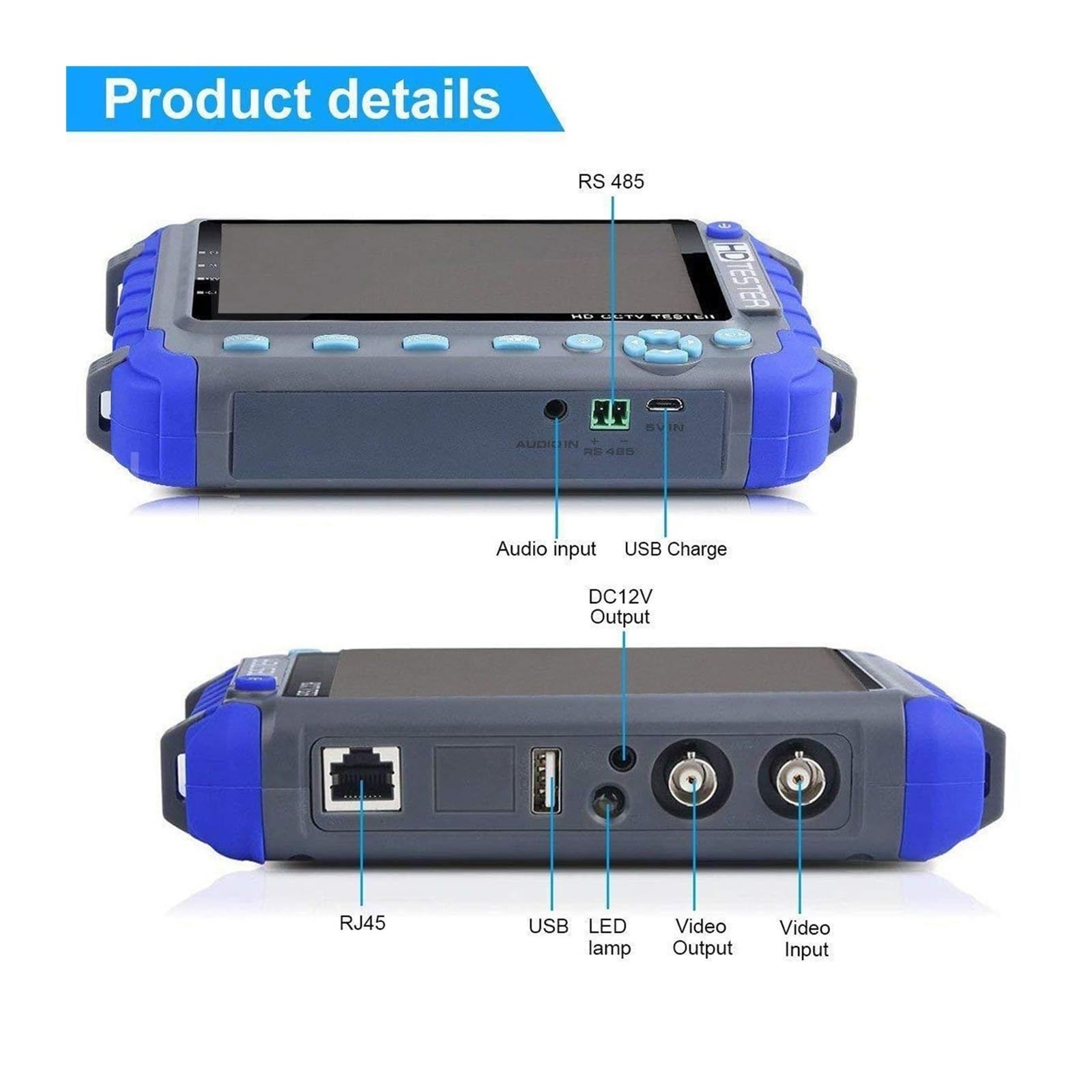 Tester CCTV, Tester CCTV 4 in 1 da 5 pollici, tester di videosorveglianza AHD TVI CVI supporta telecamera con uscita 8MP, 12V portatile