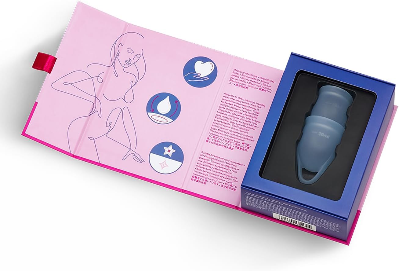 Satisfyer Feel Confident Menstrual Cup - Reusable Period Cup with Removal Ring - Soft, Flexible Body-Safe Silicone, Easy Insertion & Removal - Includes 2 Cup Sizes for All Flows (Dark Blue)