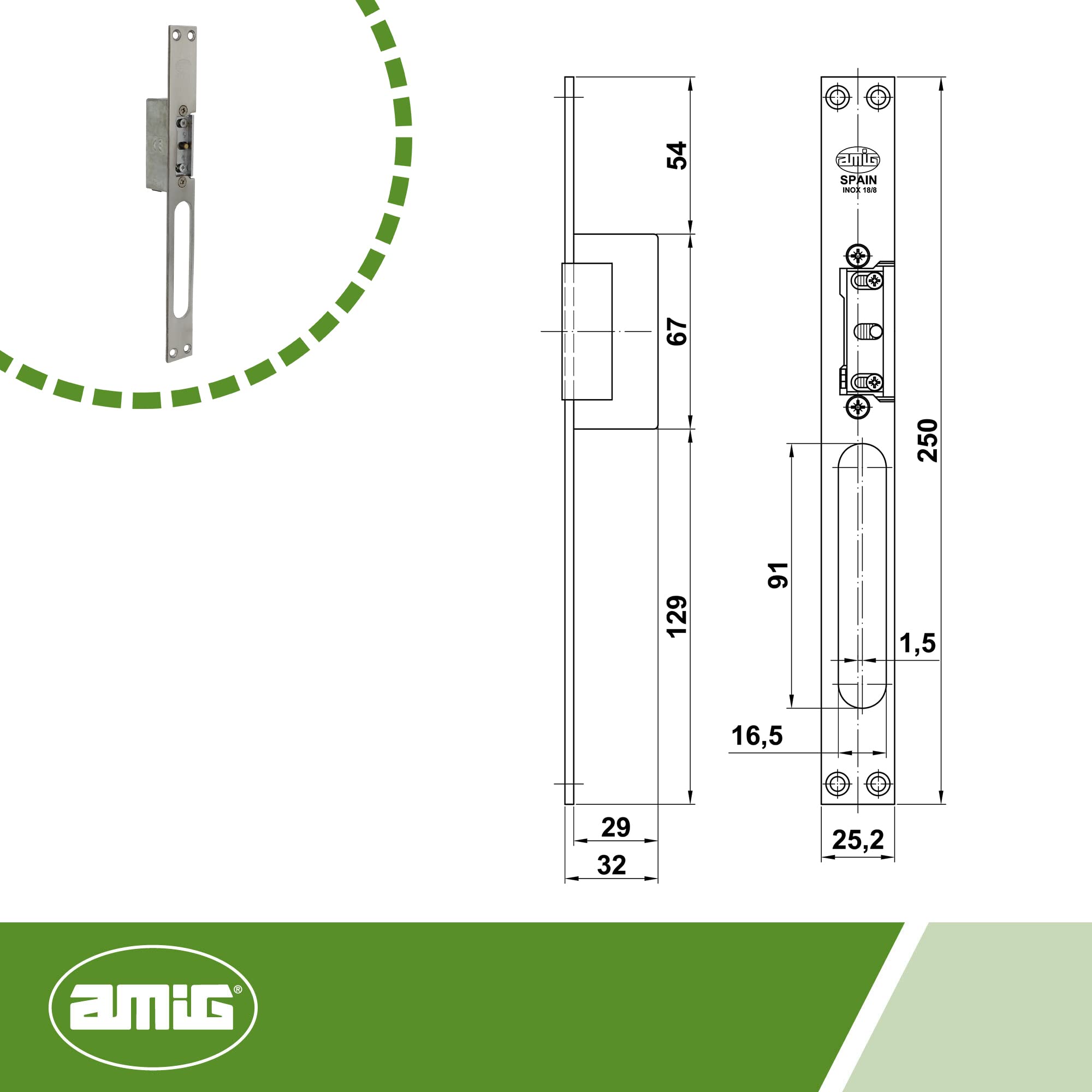 Amig - Abrepuertas Eléctrico de Embutir para Puertas - Mod.40-250 x 25 x 3 mm - Amperaje: 1,1 A - Incluye Bobina de 8-12 V de Corriente Alterna - Cerradero para Portales, Tiendas u Oficinas