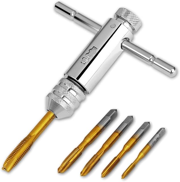 HSEAMALL Tap Drill Bit Set,Adjustable T-Handle Ratchet Tap Holder Wrench M3-M8 3mm-8mm HSS Cut, Tapping Threading Tool with 5Pcs Hand Thread Screw Tap Cutter