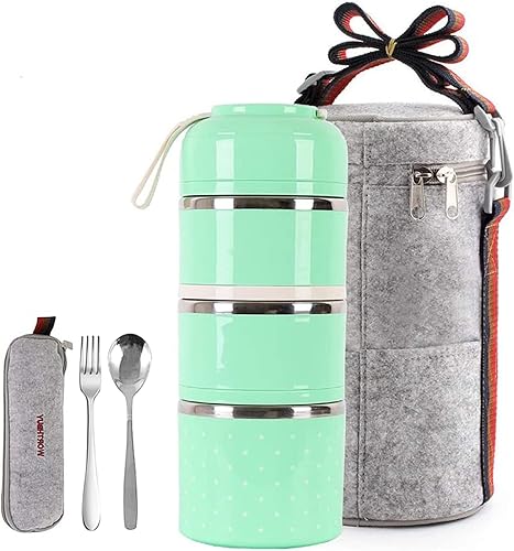 HOMESPON Lonchera aislada, lonchera Bento Box, contenedor de alimentos con cuchara para adultos, oficina, campamento (3 niveles verde)