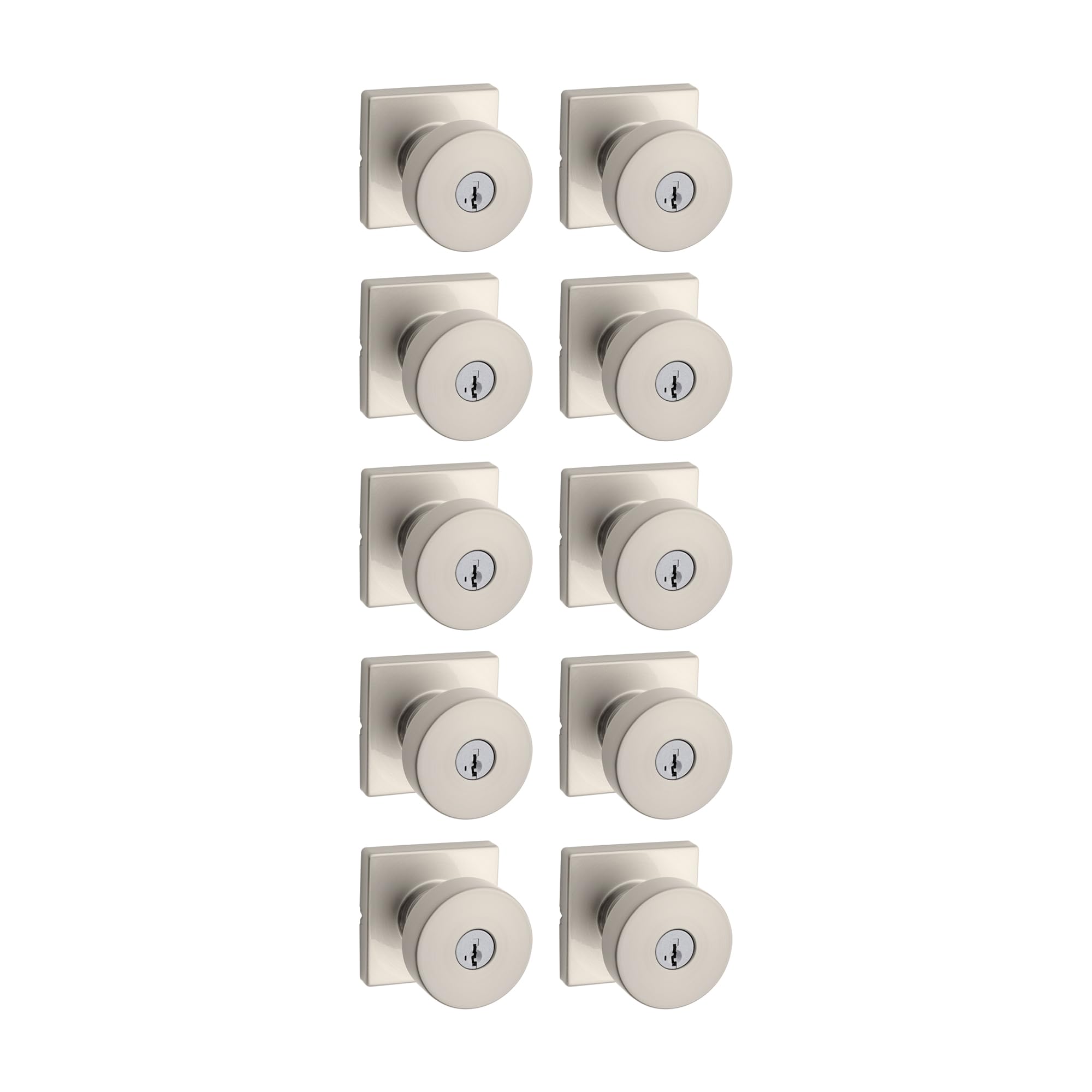 Kwikset Pismo Entry Door Knob with Lock and Key, Secure Keyed Handle Exterior, Front Entrance and Bedroom, Satin Nickel, 10 Pack, Pick Resistant SmartKey Rekey Security and Microban