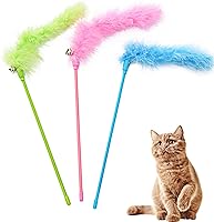 IUHKBH Cat Wand Toys 3 Pack - Interactive Colorful Feather Teaser Wands with Bell for Cats & Kittens
