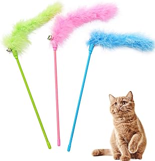 IUHKBH Cat Wand Toys 3 Pack - Interactive Colorful Feather Teaser Wands with Bell for Cats & Kittens