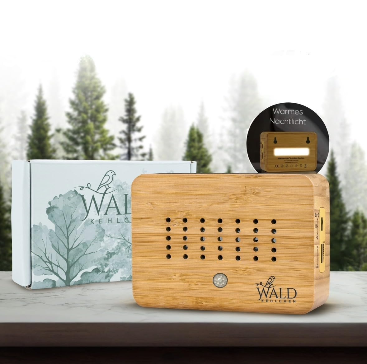 Détecteur de mouvement en bambou véritable - Bruit naturel avec veilleuse douce et fonction tactile - Détecteur de mouvement durable avec minuterie