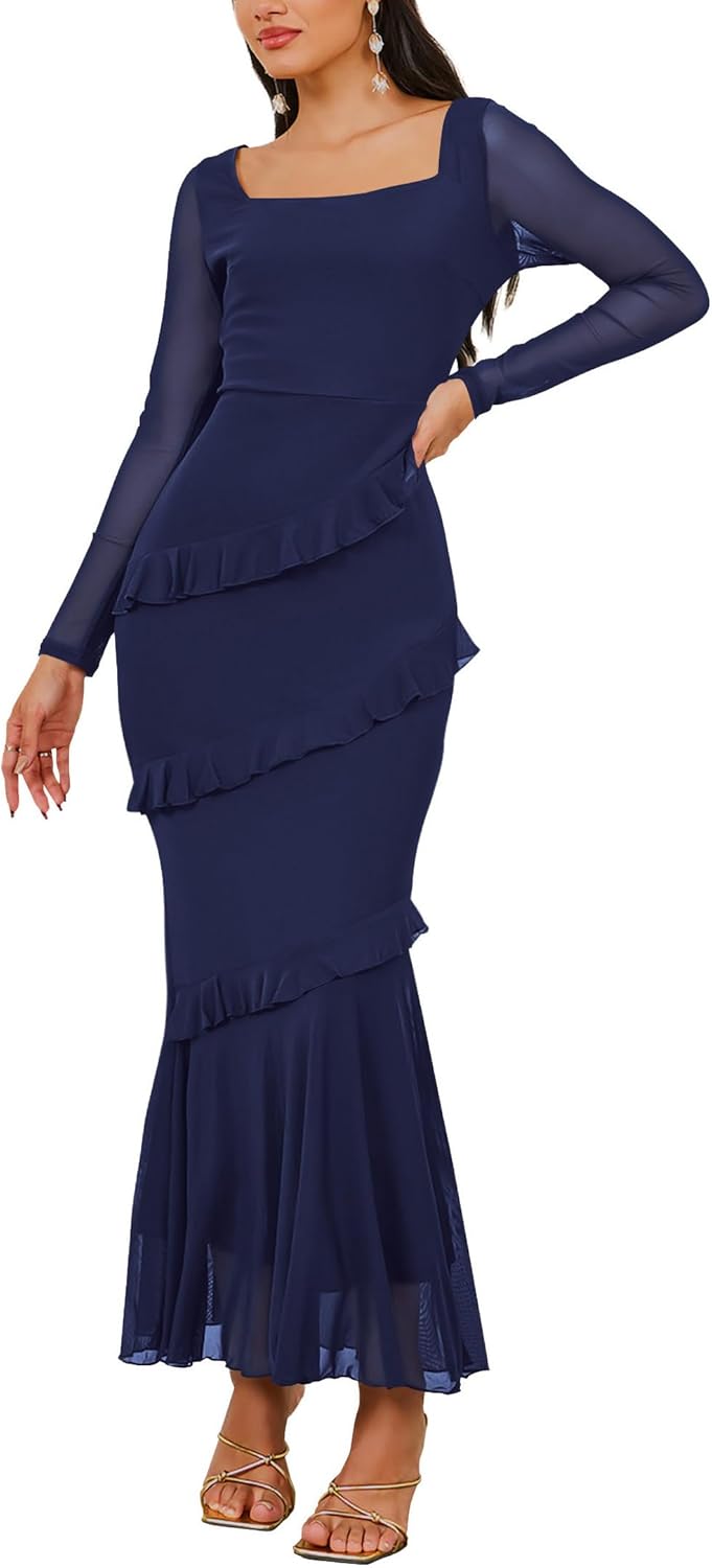 Nova In Sky Women's Wedding Guest Dress Maxi Long Sleeve Mesh Ruffle Formal Bodycon Mermaid Evening Cocktail Long Dress - Image 4