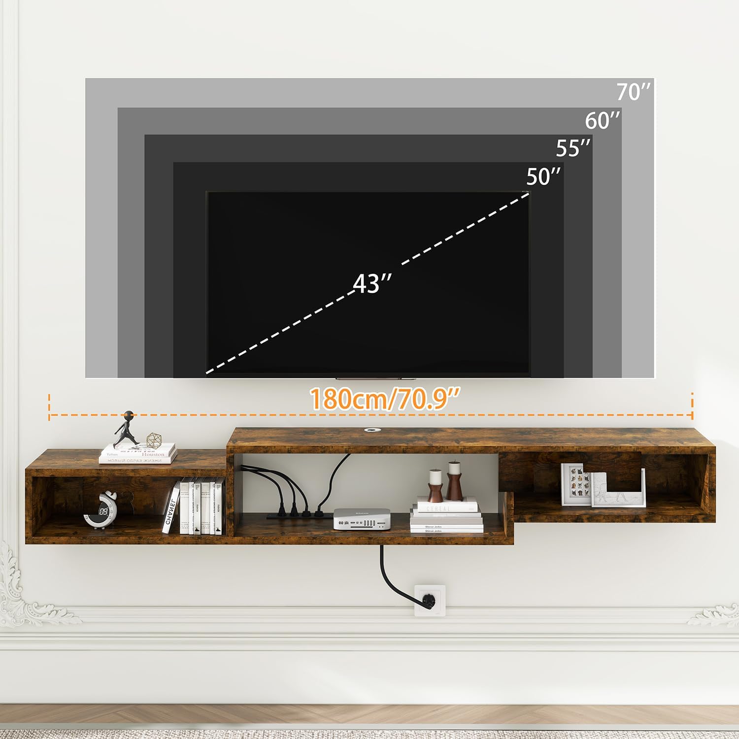 IBUYKE 71" Floating TV Stand Wall Mounted with Power Outlet,Wood Wall Mounted Media Console Shelf,Floating Entertainment Center for Under TV Storage for Living Room Bedroom Office,Rustic Brown WST008H