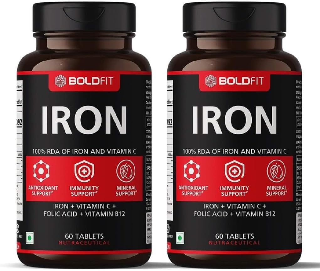 Boldfit Iron Supplement for Women & Men Iron Bisglycinate with Vitamin C Folic Acid & Vitamin B12 Gentle on Stomach,Non-Constipating Tablets - 120 Count