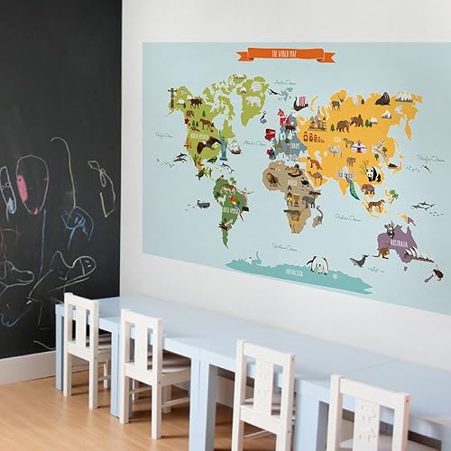 Miniatura 2 de Póster de vinilo con mapa del mundo infantil para pared, diseño de mapa del mundo ilustrado (tamaño grande, 70 pulgadas de ancho x 45.5 pulgadas de