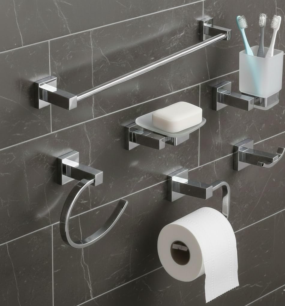Set Accessori Bagno Moderno 6 Pezzi in Acciaio Inox Cromato - Kit Completo da Parete con Porta Asciugamani, Porta Rotolo, Porta Sapone, Bicchiere e Gancio Accappatoio - Design Squadrato
