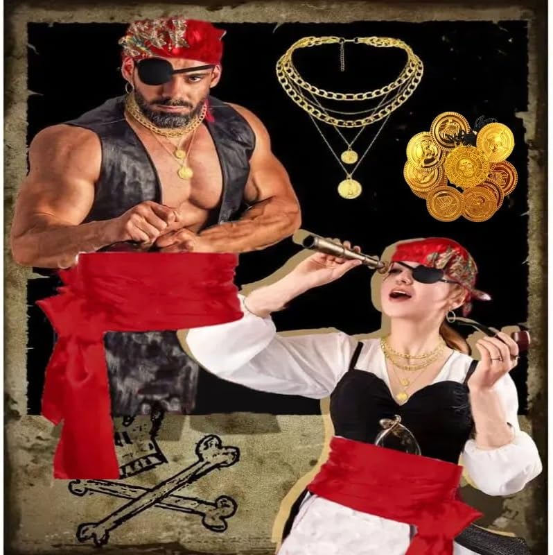 9PCS Pirate Costume Accessories Women with Head Scarf Wrap Pirate Eye Patch Sash Belt Necklace,Bracelet,Binocular,Coins - Image 7