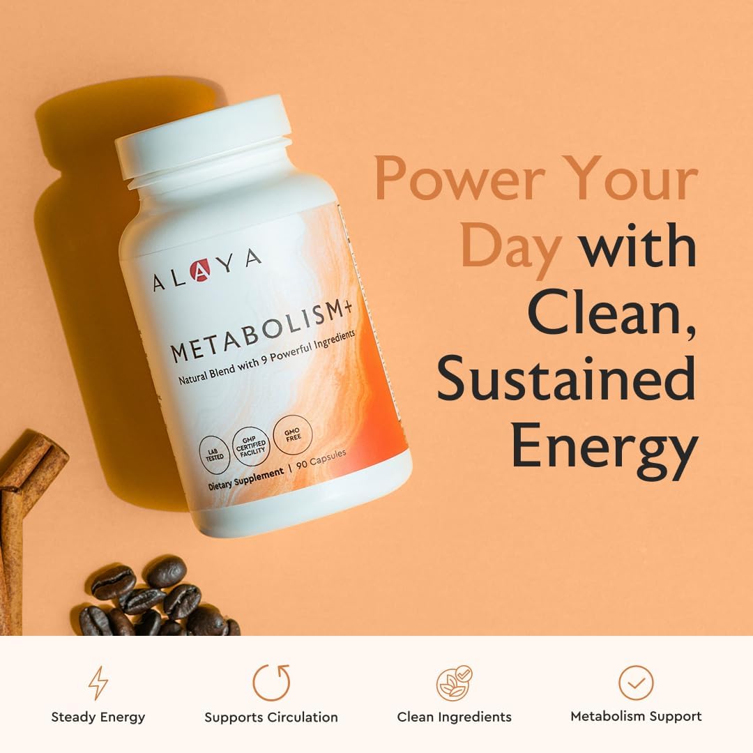 Alaya Naturals Metabolism+, Natural Energy with Green Tea, Cinnamon, Beet Root, Caffeine, Non-GMO– 60 Capsules