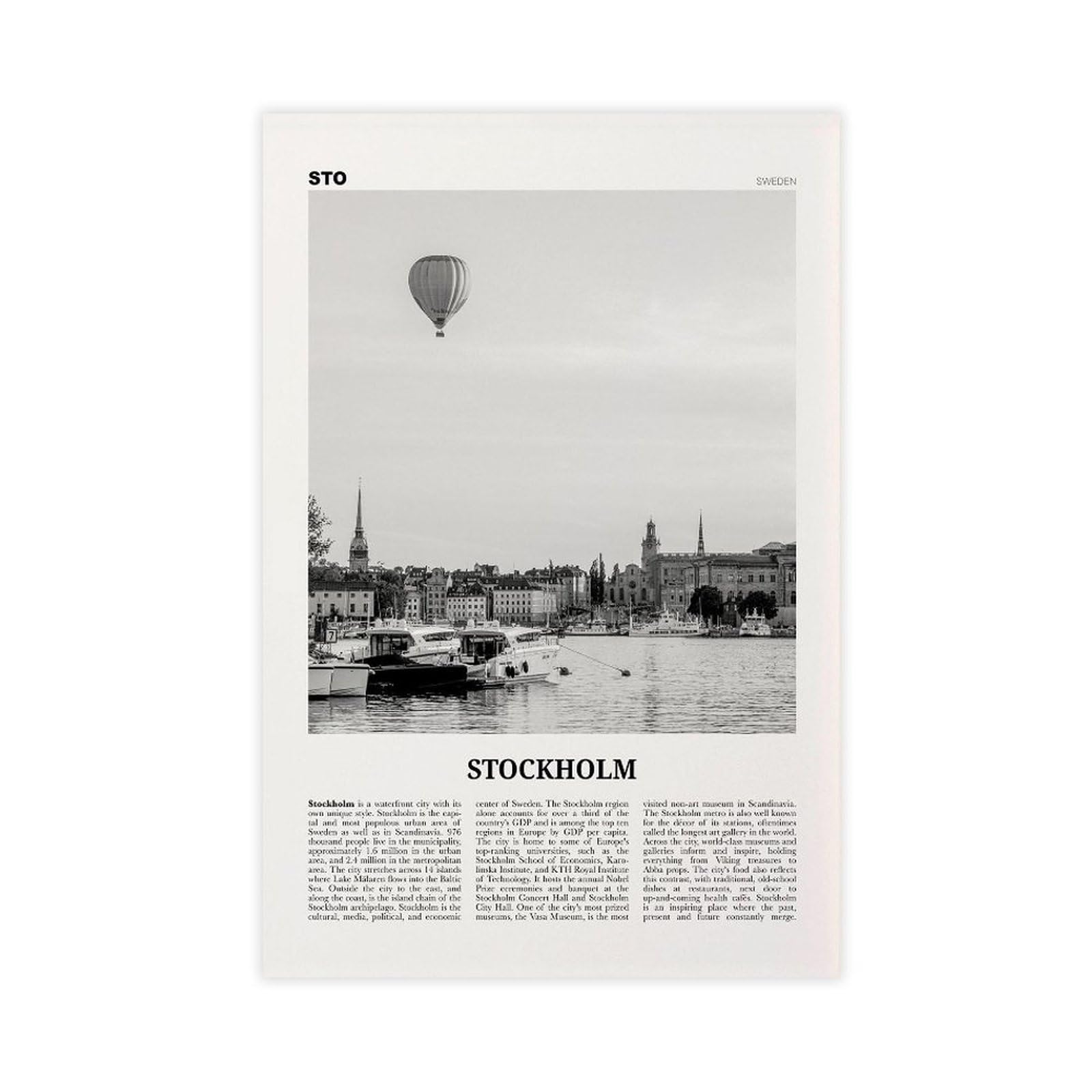 Neohi Unframe-Style Stockholm Print Black And White Canals, Sweden, Sverige, Europe City Travel Landscape Canvas Art Wall Decor Posters Home Bar Restaurant Garage Cafe Logo Gift 20X30inch(50X75cm)