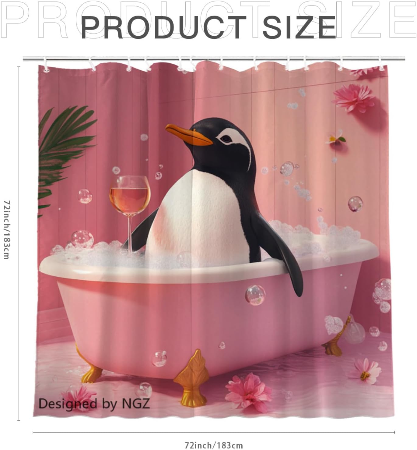 NGZ Funny Penguin Shower Curtain, SPA Penguin with Wine, Pink Shower Curtain, 72x72 Inches Floral Shower Curtains for Bathroom, Bath Curtains Set with 12 Hooks