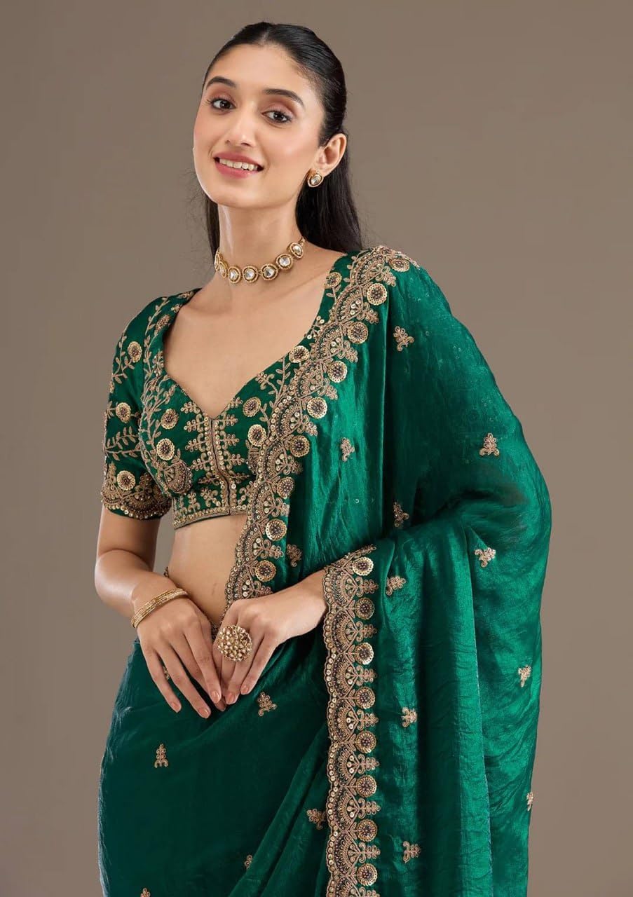 Indian Wedding Embroidered Silk Saree with Blouse, Gold Border, Bridal Wedding Wear