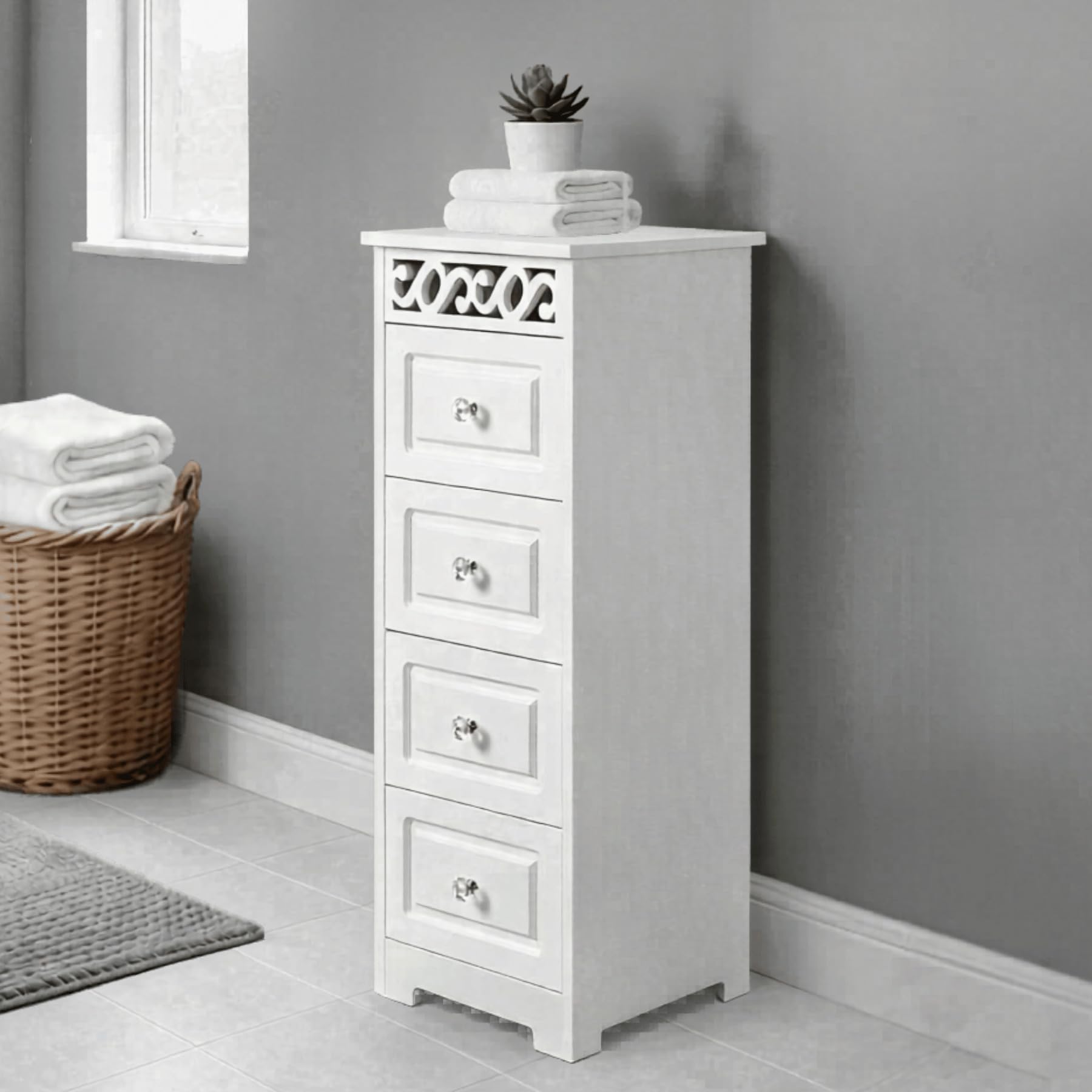 Home Source White Wooden Chest Storage Unit Bedroom Organiser Bedside Tallboy, 4 Drawer